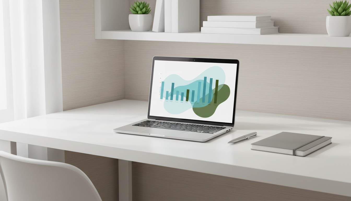 A modern, sleek white workspace desk featuring an open silver laptop with a vibrant data visualization displayed on its screen—a bar chart with soft blue, teal, and olive tones on a clean white background. The desk surface is spotless, with a simple matte grey notebook and a smooth metal pen arranged in parallel. The setting is a sunlit office corner framed by minimalist shelving and neutral, textured walls. Diffused natural daylight streams in from an unseen window, casting soft, balanced shadows and subtle highlights across the desk and objects. The mood is calm, focused, and professional, evoking a sense of clarity and organization. Photographed from a slightly elevated, eye-level angle, with a balanced, symmetrical composition and sharp focus throughout, the image exemplifies photographic realism and a clean, structured corporate aesthetic—perfect for a data science portfolio homepage.