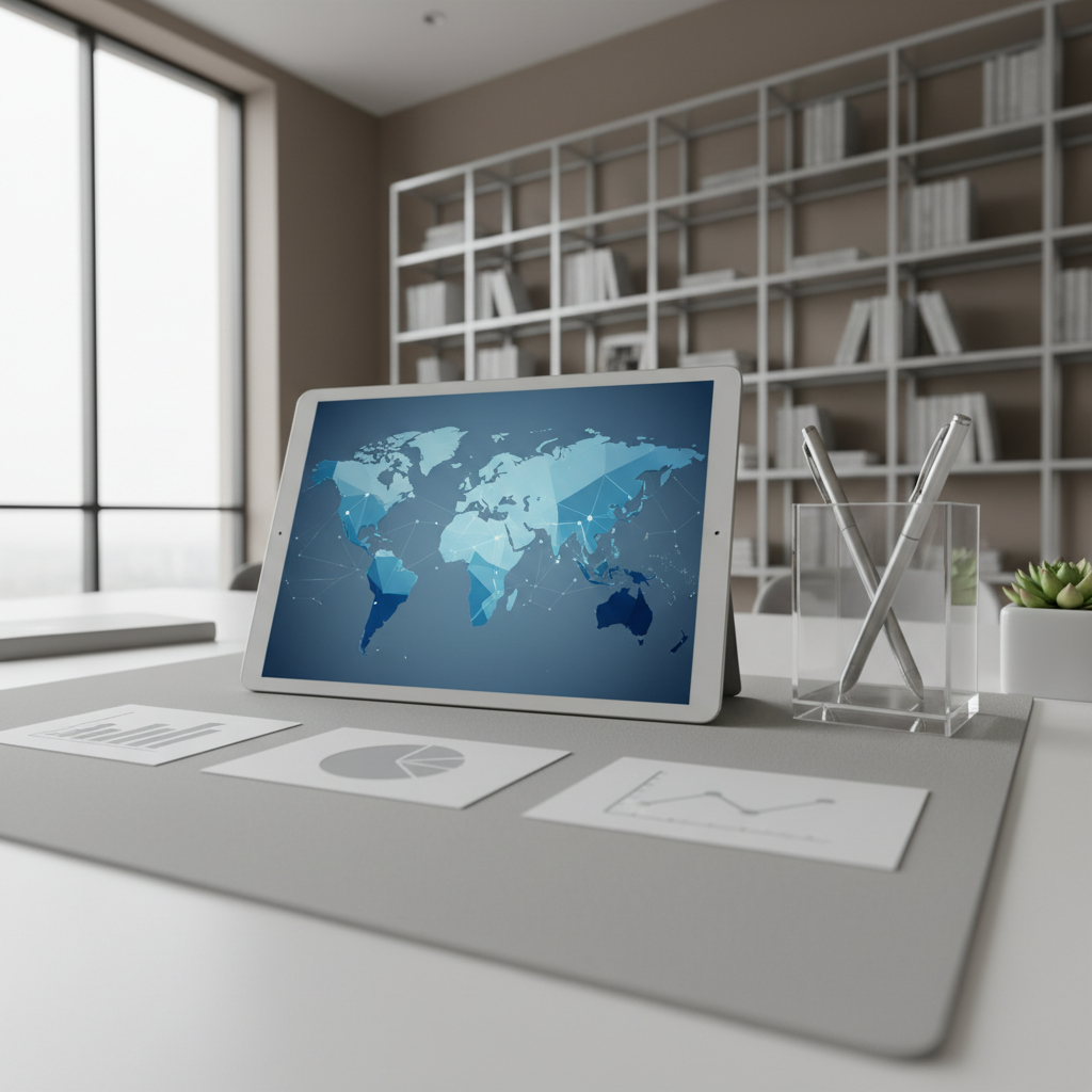 A matte silver tablet propped upright on a tidy, geometric workspace, displaying an interactive world map shaded with varying neutral blues to illustrate social data analytics. Surrounding the tablet are three crisp white index cards, each with abstract chart icons embossed in pale grey, and a polished clear acrylic desk organizer. The environment is a spacious, softly lit study area, with neutral taupe walls and a structured grid of glass shelving in the background. Gentle overcast daylight streams in, providing balanced, shadowless illumination that creates an open and contemplative atmosphere. Shot from a slightly low, off-center angle to emphasize depth, with asymmetric balance and sharp detail on the tablet screen. The aesthetic is photographic, clean, and modern—supporting the site’s approach to responsible and ethical data science exploration.