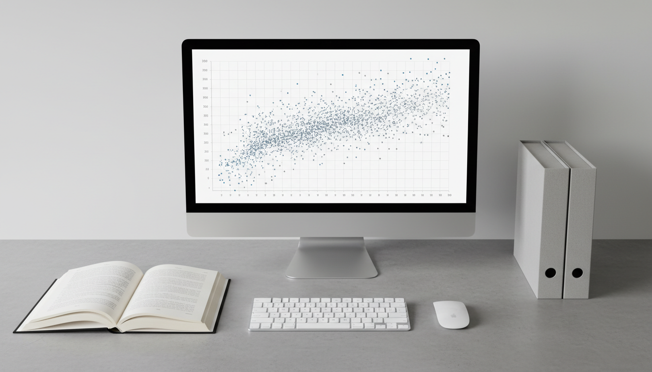 An elegant black glass monitor displaying a clean, monochromatic scatterplot with blue and grey data points, paired with a crisp white wireless keyboard and mouse on a matte concrete desktop. In the background, an open hardcover book with subtle, creamy paper texture lies beside a neatly stacked set of light grey folders. Gentle artificial office lighting overhead produces soft, even illumination, eliminating harsh shadows and providing clarity to every surface. The atmosphere is quietly sophisticated and knowledge-driven, suggesting both analytical rigor and professionalism. Captured from a front-facing, eye-level perspective and utilizing the rule of thirds for a harmonious layout, the composition highlights both technology and orderliness. The image style is photographic, with a modern, minimalist, and structured feel, closely aligning with the portfolio’s emphasis on data science and integrity.